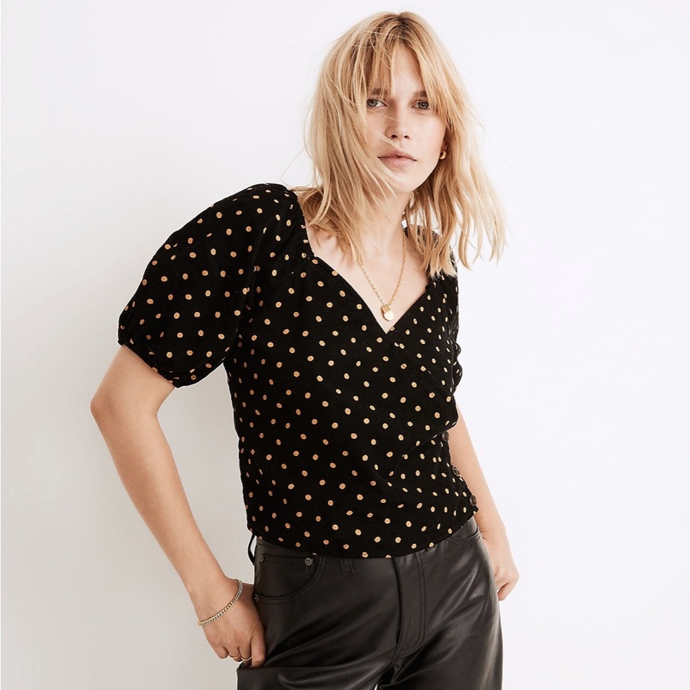 Madewell Corduroy Puff-Sleeve Wrap Top in Oval Dot